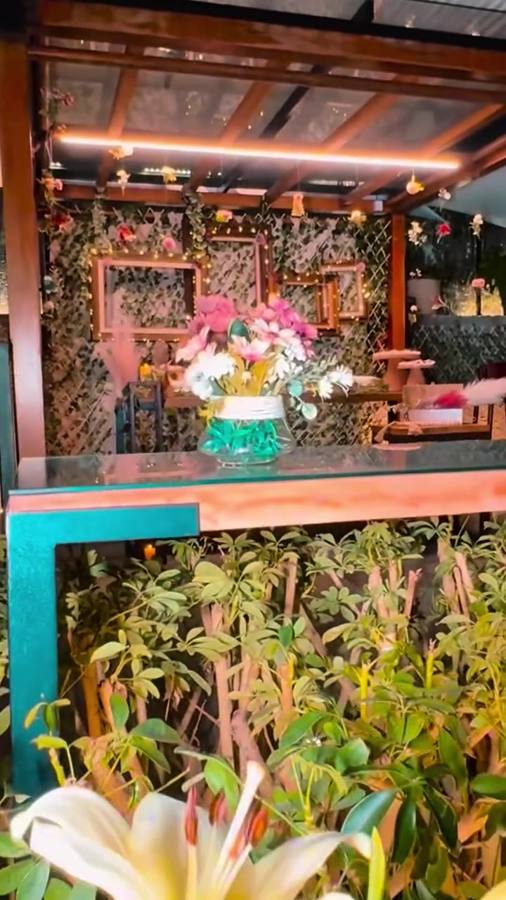 Bar sob o pergolado com plantas e flores